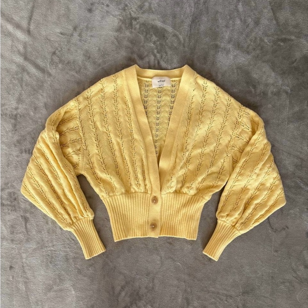 Yellow Cropped Pointelle Stitch Button-Front Sweater Cardigan